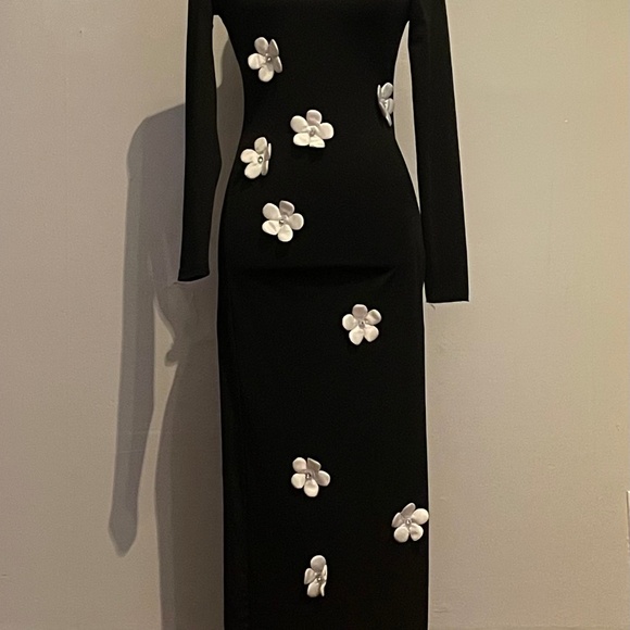 SHEIN White Floral Decor Black Stand Collar Long Sleeve Maxi Dress Size XXS - Picture 9 of 16